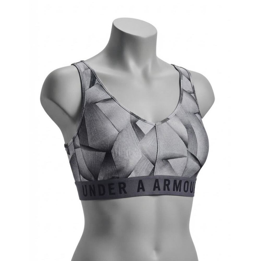 Under Armour Gray Geometric Print Sports Bra L HeatGear Mid Support Gym